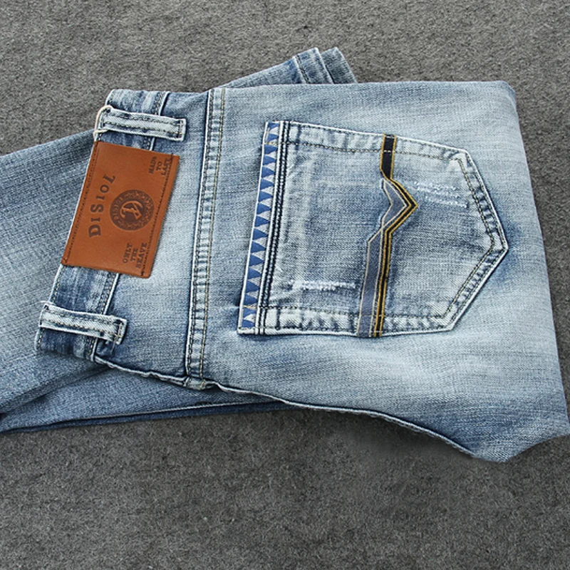 European American Vintage Fashion Men Jeans Retro Light Blue Elastic Slim Fit Ripped Jeans Men Korean Style Denim Pencil Pants