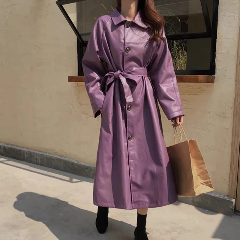 

2021 New Autumn Fashion Women PU Windbreaker Jacket Female Long Coat Faux Leather Loose With Belt Leather Outwear Spring PY96
