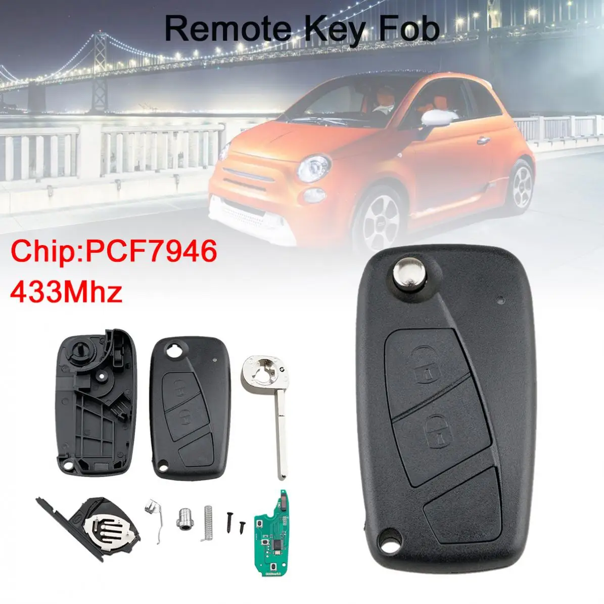 

433Mhz 2 Buttons Flip Car Remote Key Fob with PCF7946 Chip Black Fit for Fiat 500 Panda / Punto / Bravo