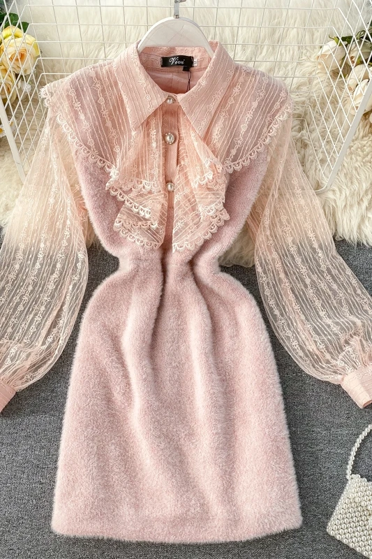 2020 Новая мода Женская одежда кружевное платье женское с пышными рукавами выше