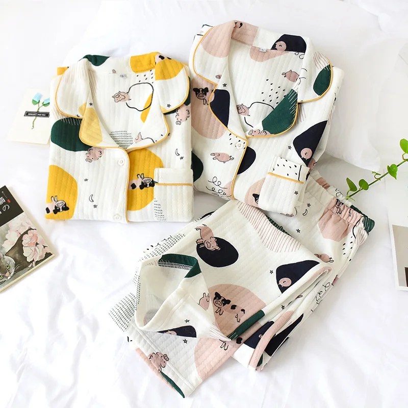 

Милый женский зимний пижамный комплект, трехслойный хлопковый плотный теплый домашний костюм, женская вязаная Пижама, домашняя одежда