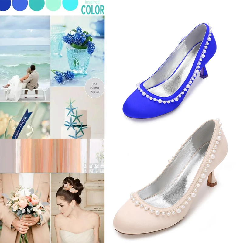 

Fashion Womens Pums Luxury Pearl Wedding Shoes For Brides Round Toe Ladies Hight Heel Satin Casual Working Shoes For Summer