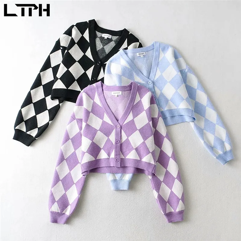 

LTPH vintage argyle sweaters women V-neck single breasted long sleeve knitted cardigan outwear oversized loose 2021 autumn new