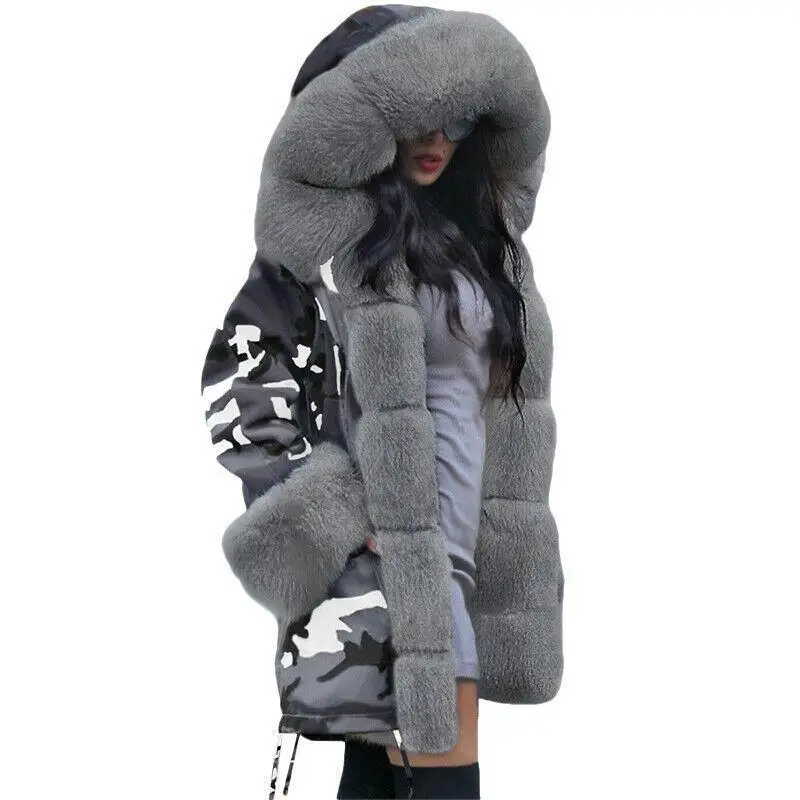 

Womens Camo Printed Winter Coat Padded Parka Faux Fur Lined Warm Overcoat long Tops
