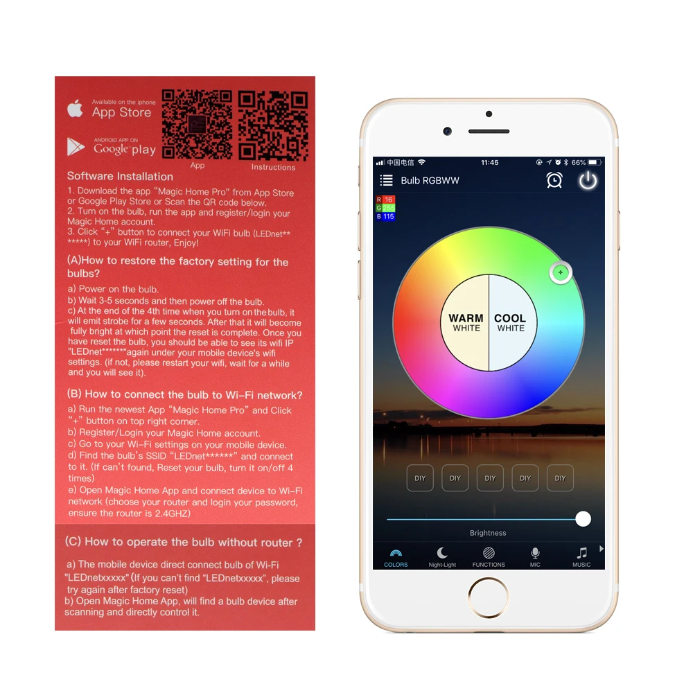 Умная Светодиодная лампа с Wi-Fi E27 RGB + белый теплый свет 7 Вт