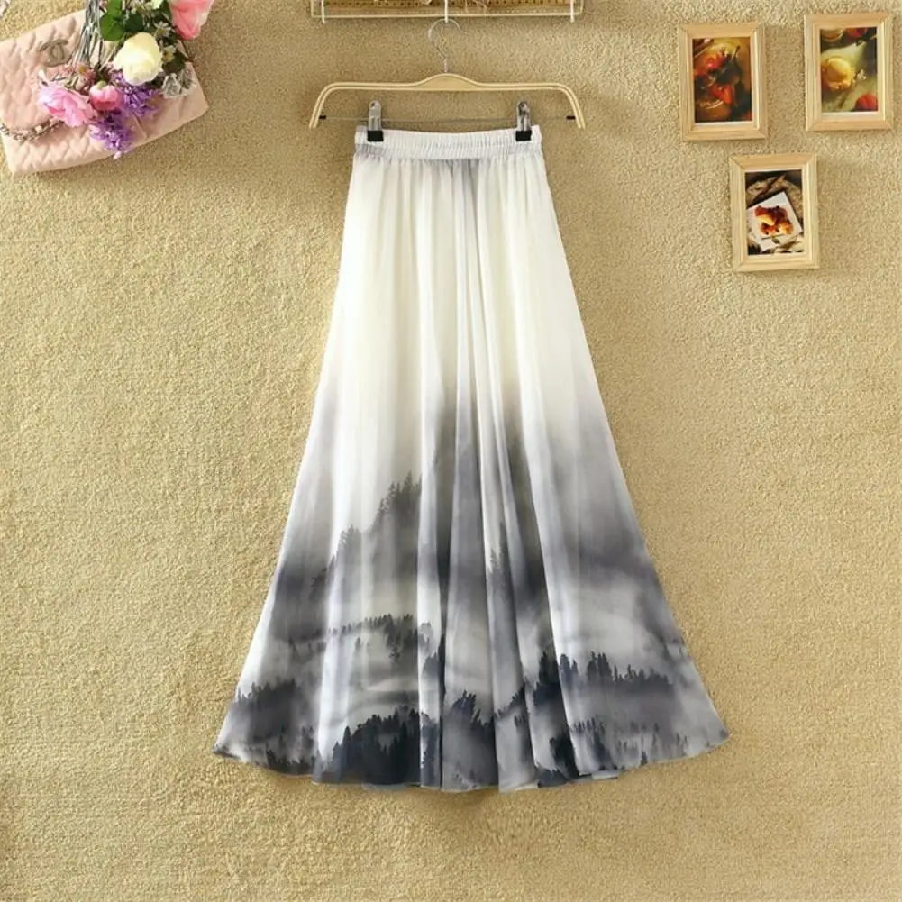 

Summer Beach Bohemian Women Chiffon Flower Print Drawstring Maxi Long Skirt Dress Plus Size
