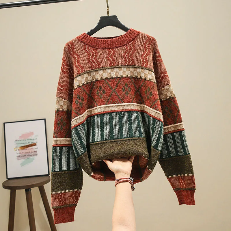 

Autumn Winter Women's Sweater Nordic Style Round Neck Retro Jacquard Pullover Sweater New Loose Casual Knitted Sweaters GX298