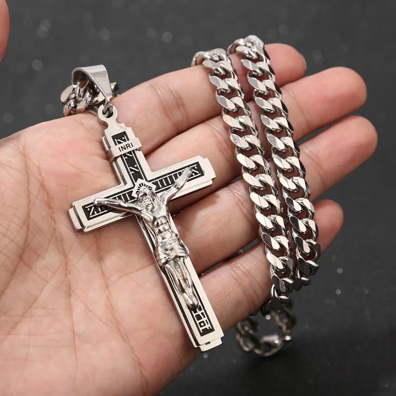 

Stainless Steel Crucifix Jesus Cross Necklace 75*43mm Pendant Multilayer Jesus Christ Crucifix Necklaces with 24'' Chain