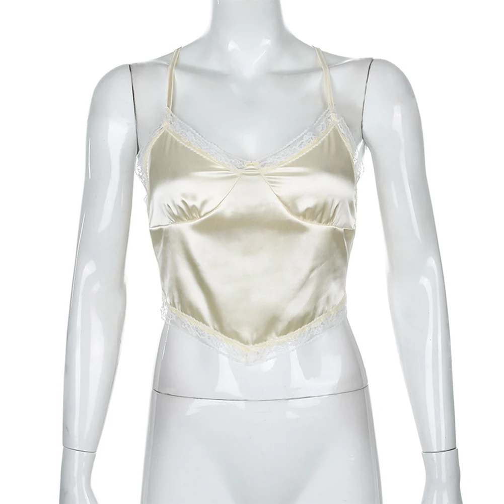 Модный бандажный кружевной топ Y2K на бретелях милый Атласный с открытой спиной и