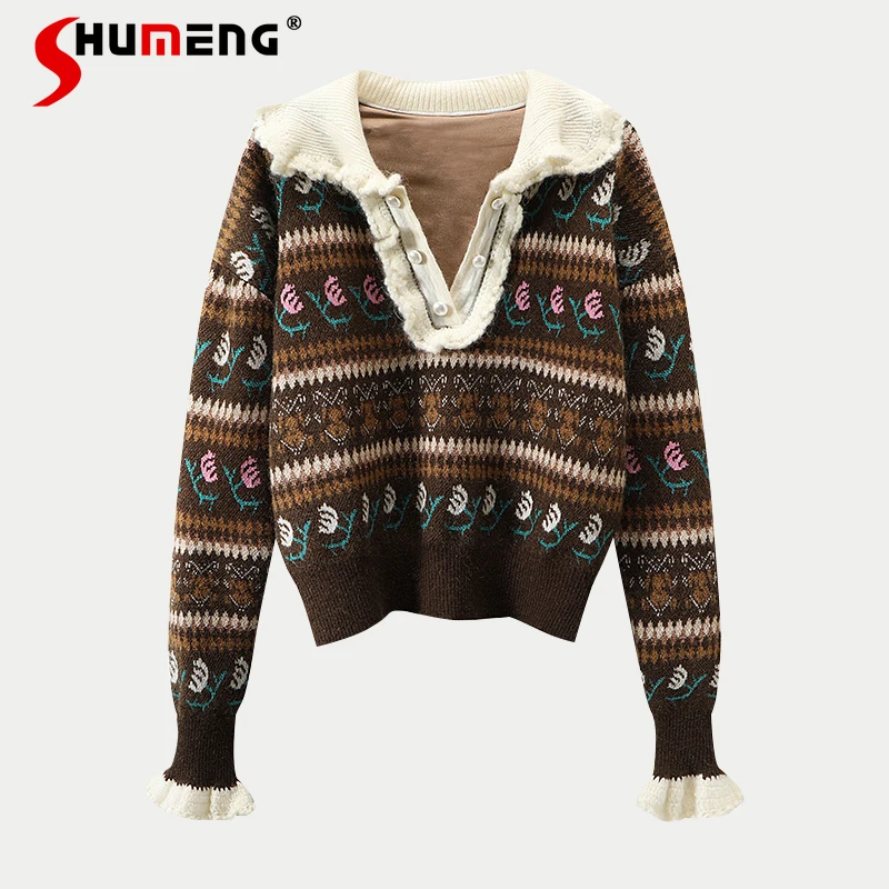 

2021 Autumn New Female Slimming Retro Jacquard Ruffles Lapel Pullover Knitwear Women England Style Long Sleeve Pullover Sweater