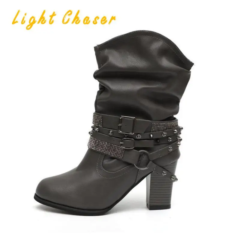 New Style Short Boots Gothic Punk Women's High-heeled Women's Boots Thick Heel Belt Buckle Rivets Plus Size Ladies Boots 34-43