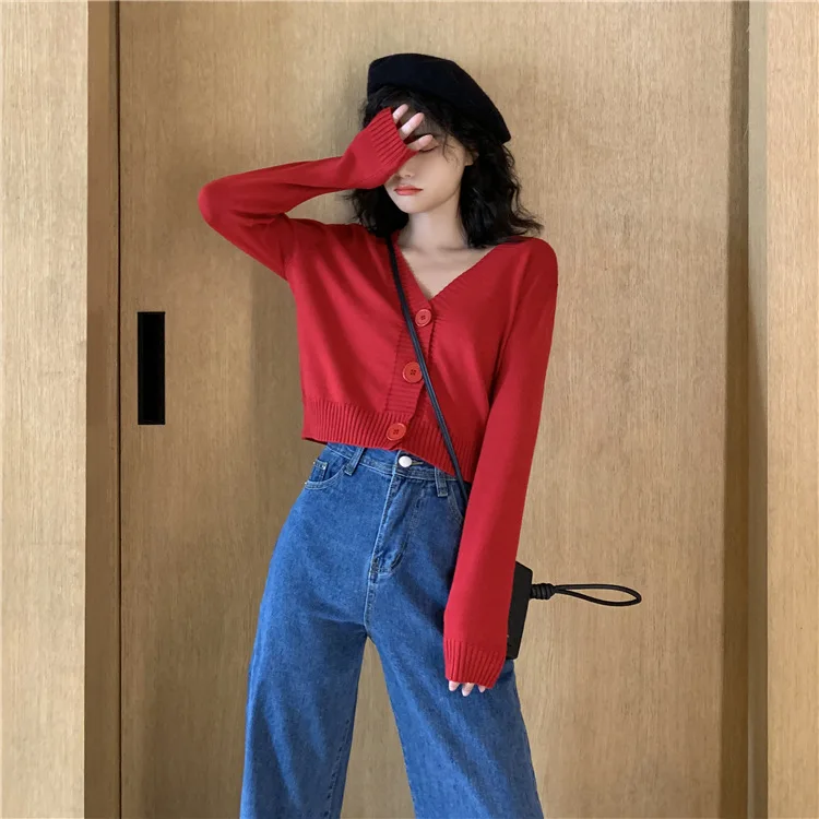 Осень 2019 вязаный красный черный кардиган женский на пуговицах v-образный вырез
