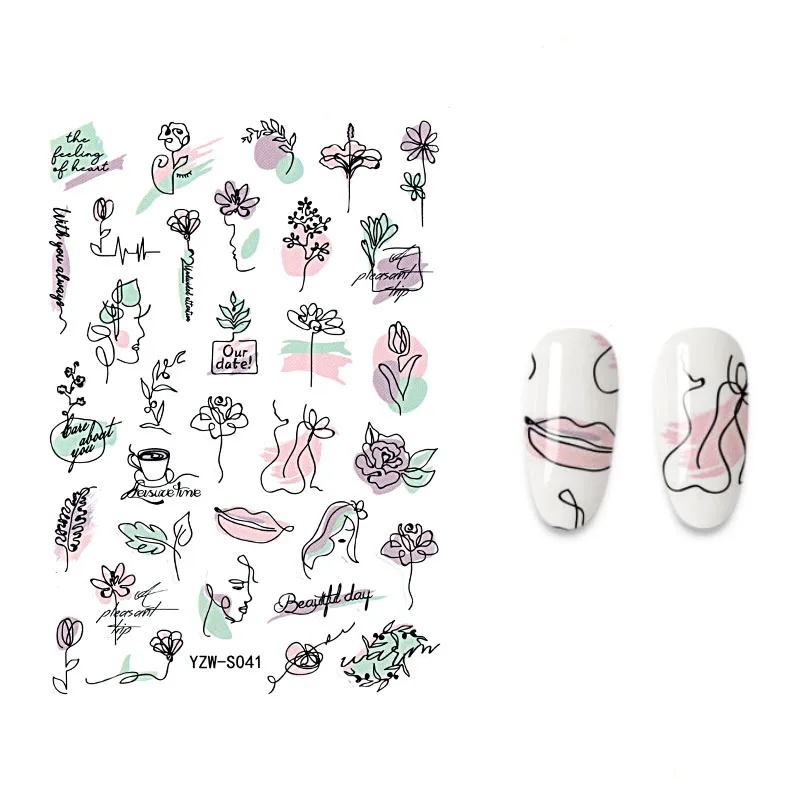 

1pc Nail Stickers Abstract Art Sketch Doodle Woman Flower Chinese Characters Manicure Decoration Stickers For Nai