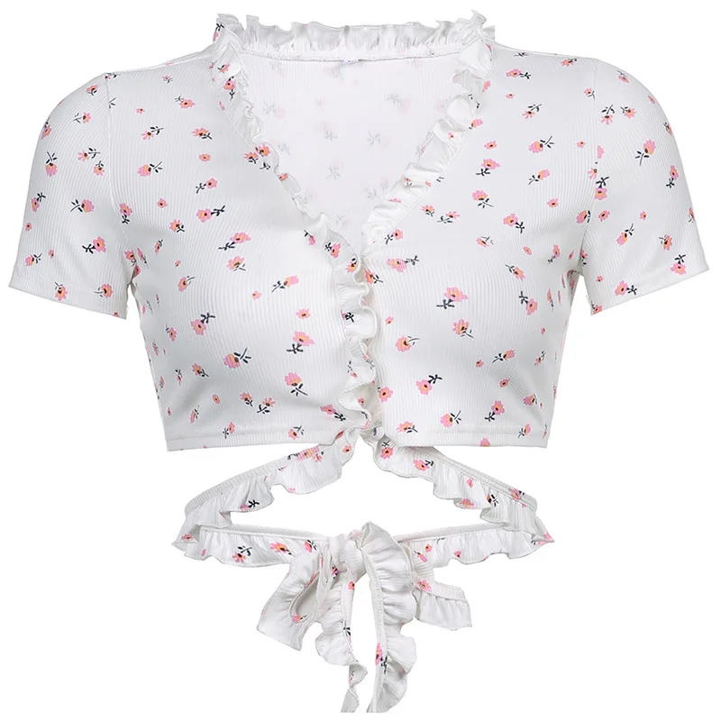 

2021 Summer New Women's V-neck Printed Cross Strap Navel Short Sleeve T Shirt Top clothing women
