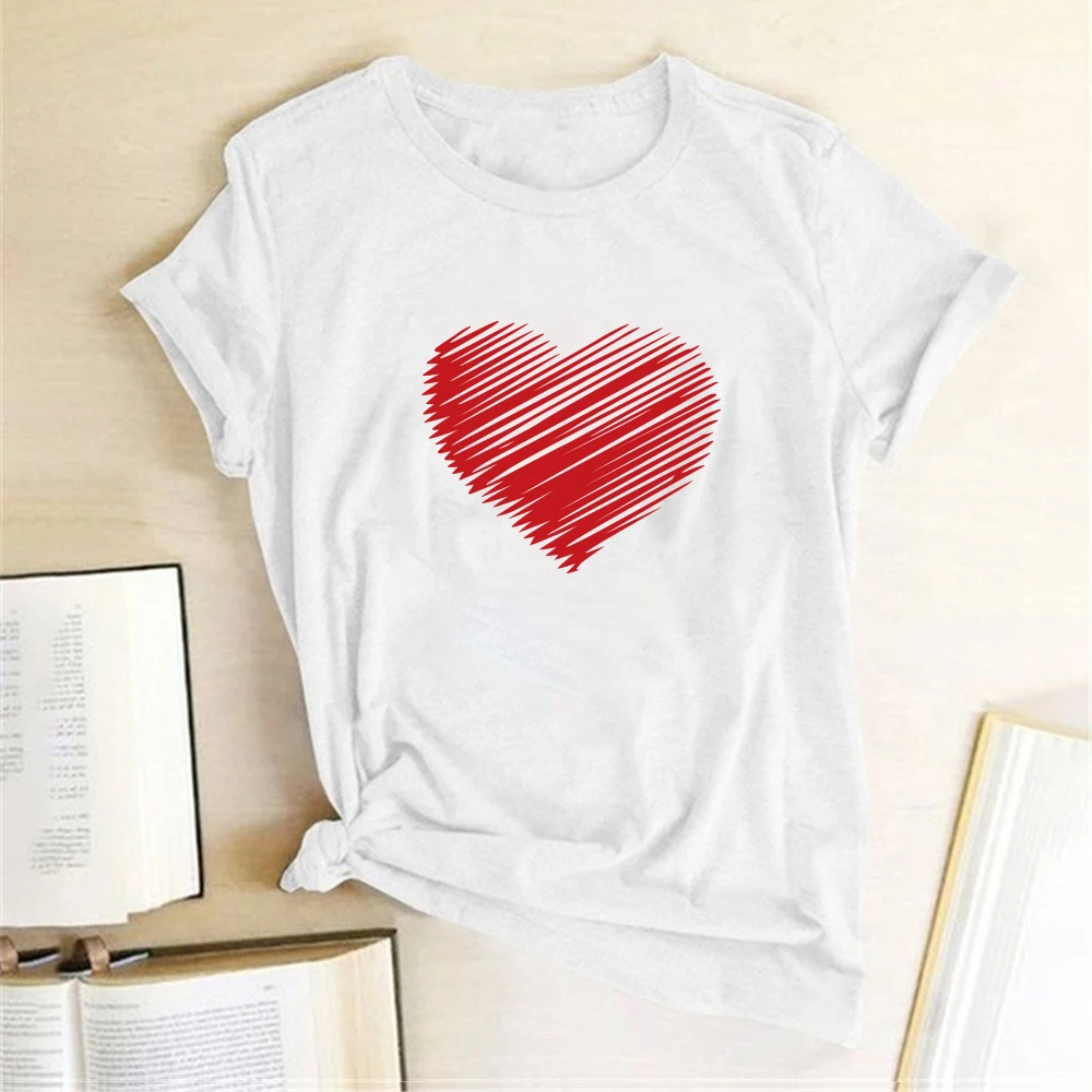 

Striped Heart Printing T-shirts Women Summer Shirts for Women Sleeve Graphic Tee Harajuku Round Neck Tops Femme Camisetas Mujer
