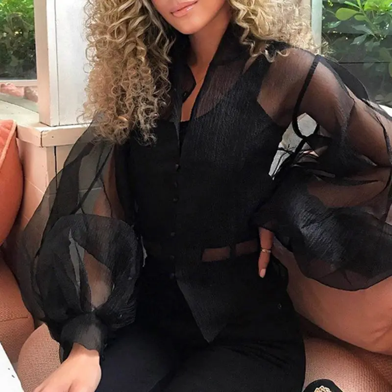 Для женщин пузырь с буфами на рукавах сексуальная прозрачная марлевая Топ