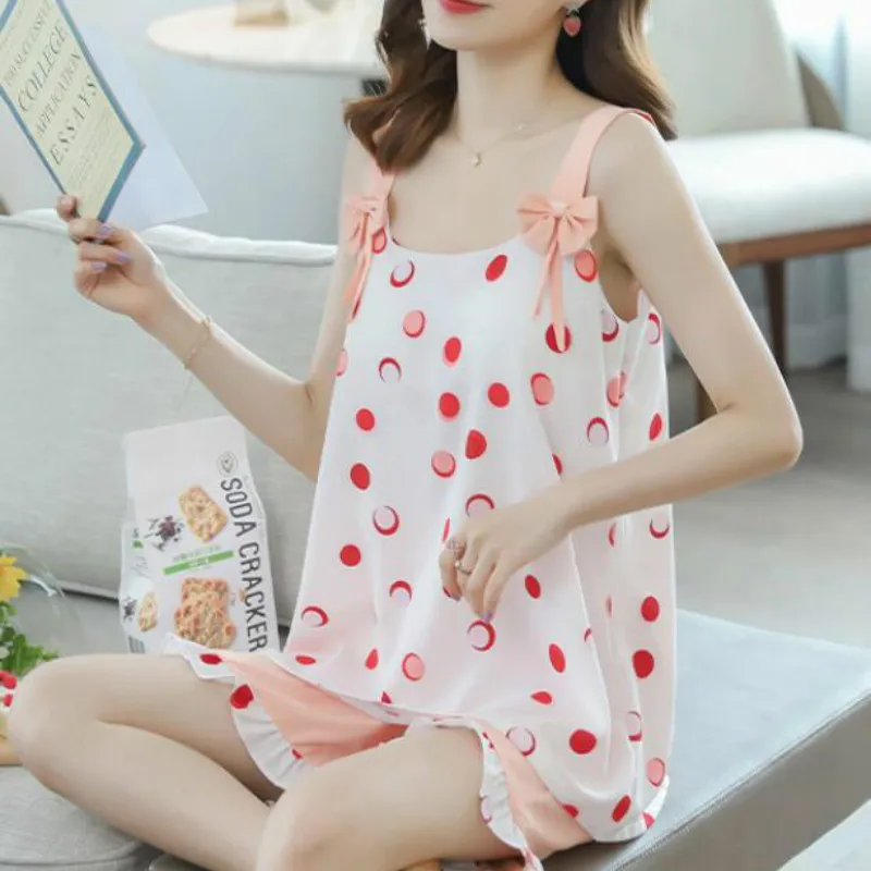 Пижамный комплект Женский шифоновый Милая Тонкая Пижама на бретелях без рукавов