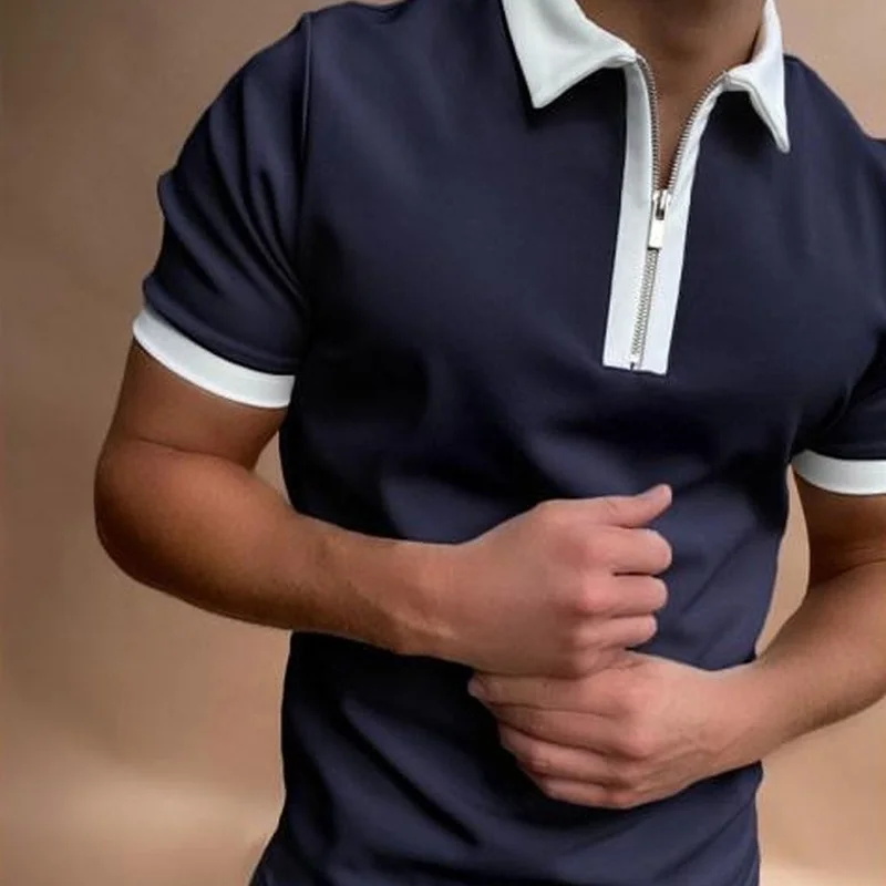 

Мужская одежда 2021, летняя мужская футболка, синяя повседневная мужская облегающая футболка на молнии, Мужская футболка с коротким рукавом