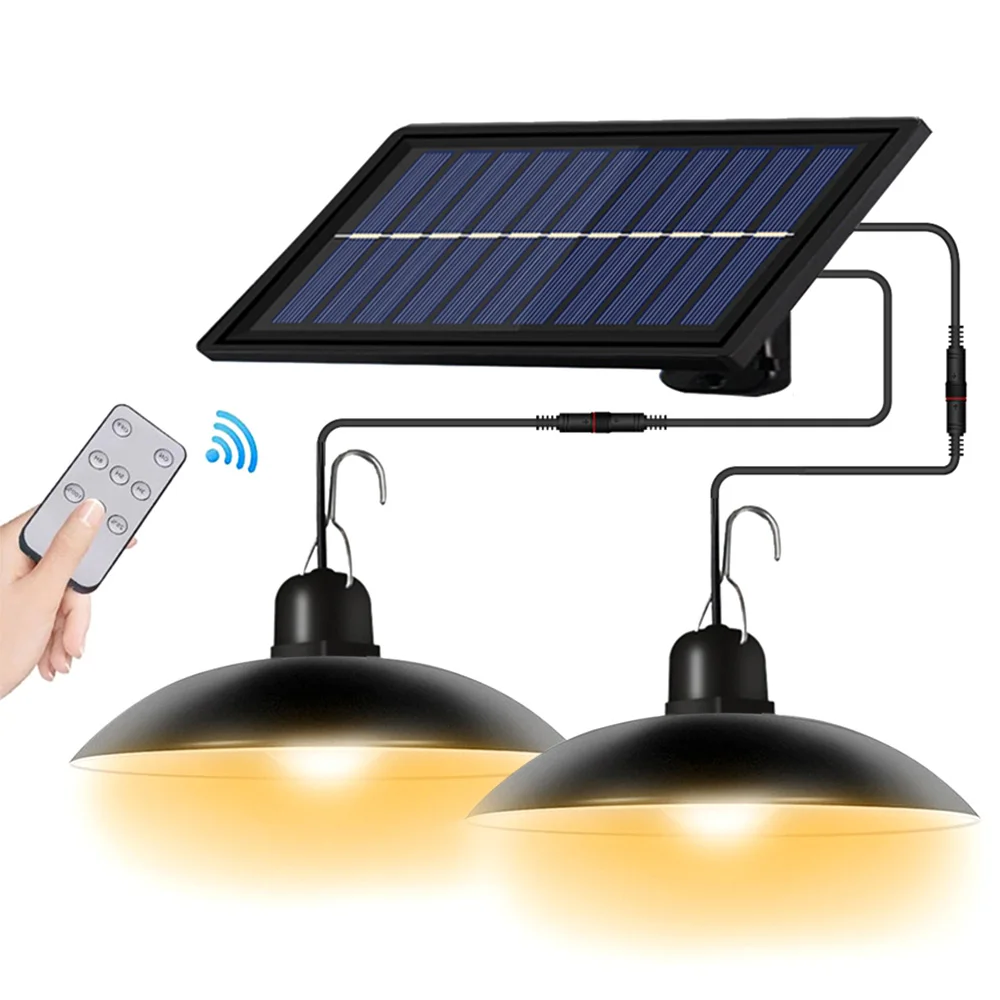 

Solar Pendant Light IP65 Waterproof Double Head Pendant Light Outdoor Indoor Solar Lamp with Remote Control Cable For Courtyard