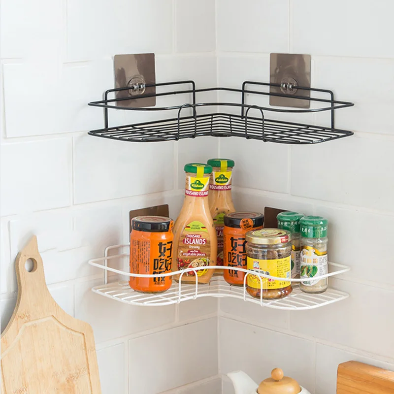 

2 Pcs Holder Shelf Bathroom Kitchen Tripod Corner Wall-Mounted Non-Perforated Storage Tray Black White Home Essential