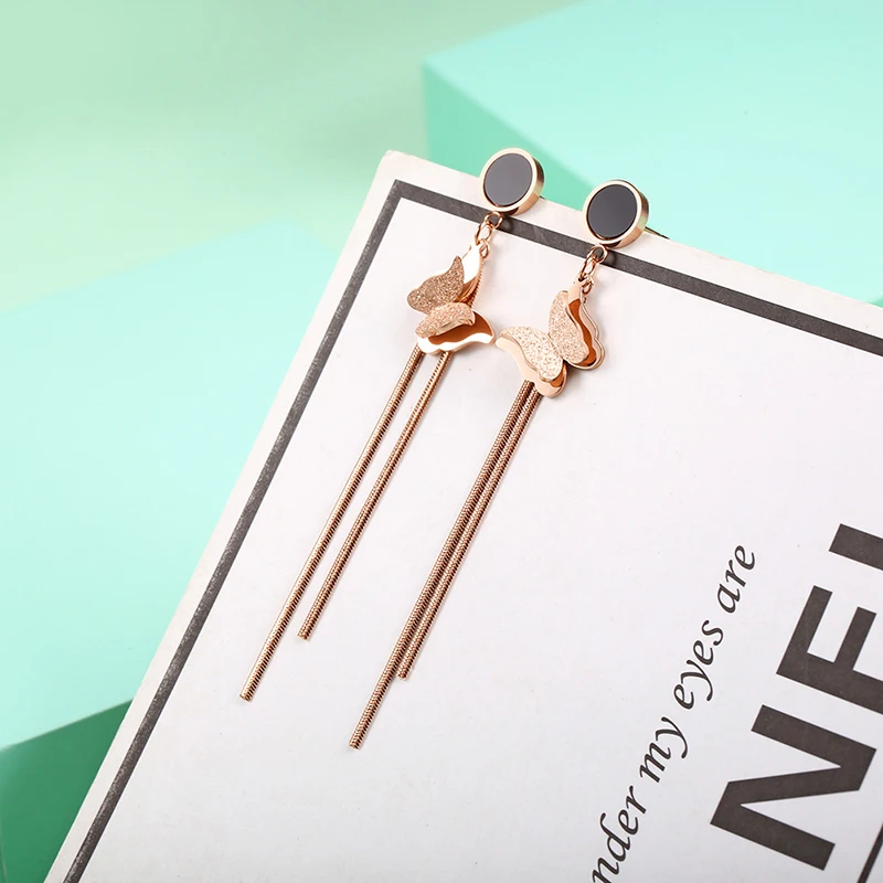 Женские серьги бабочки из розового золота модные с подвесками нержавеющей