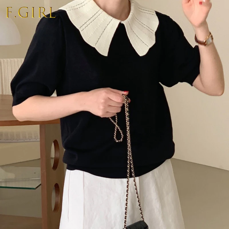 

Causal Thin Puff Sleeve Knitted Tops Women Korean Hit Color Peter Pan Collar Pullovers Summer Chic Knitwear 2021
