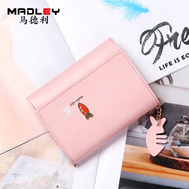 

2021 Women's Wallet New Cute Rabbit Girls Small Fresh Three-Fold Short Wallet Simple Student Small Wallet PU Leather Solid Color