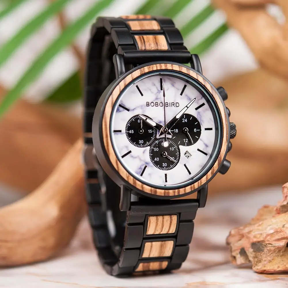 

BOBO BIRD Relogio Masculino Business Men Watch Metal Wooden Wristwatch Chronograph Auto Date Display Timepiece Male Dropshipping