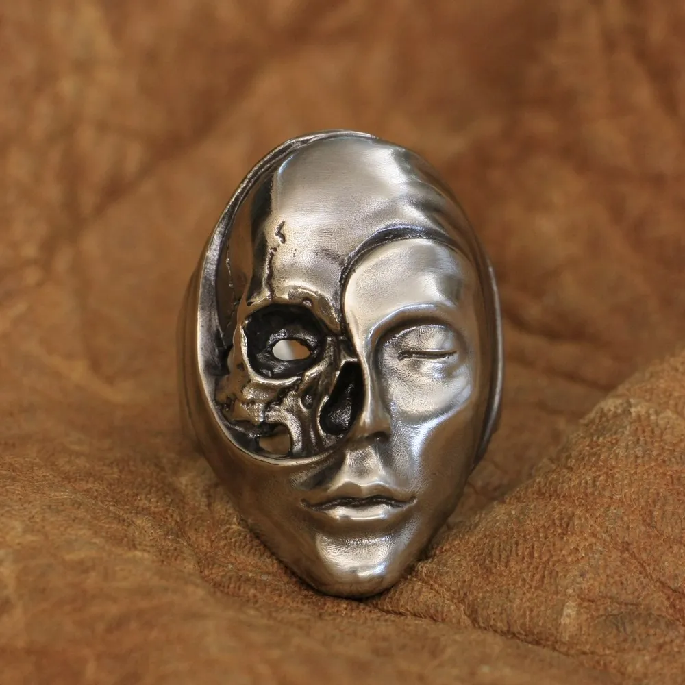 LINSION Cupronickel Life Death Heaven Hell Skull Face Кольцо мужское байкерское Рок Панк ювелирные