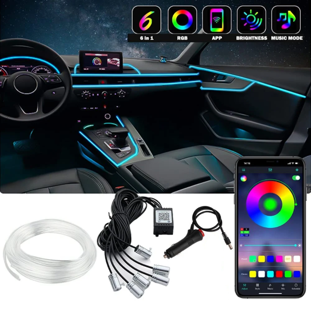RGB LED Car Interior Decorative Light Strip Flexible Atmosphere Lamp With Cigarette Connector By APP Control 8M Neon | Автомобили и