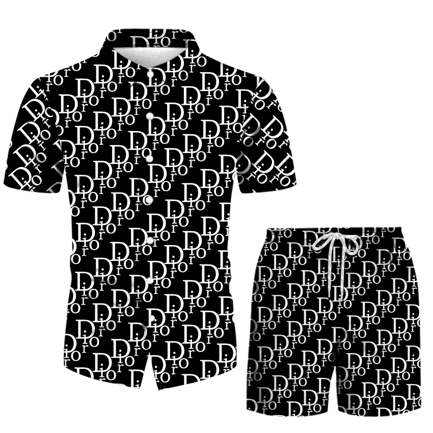 

2021 Men's Casual Suit Short Sleeve Letter Shirt Short Sleeve + Beach Shorts Loose Fashion Sports Street Two-piece Costume