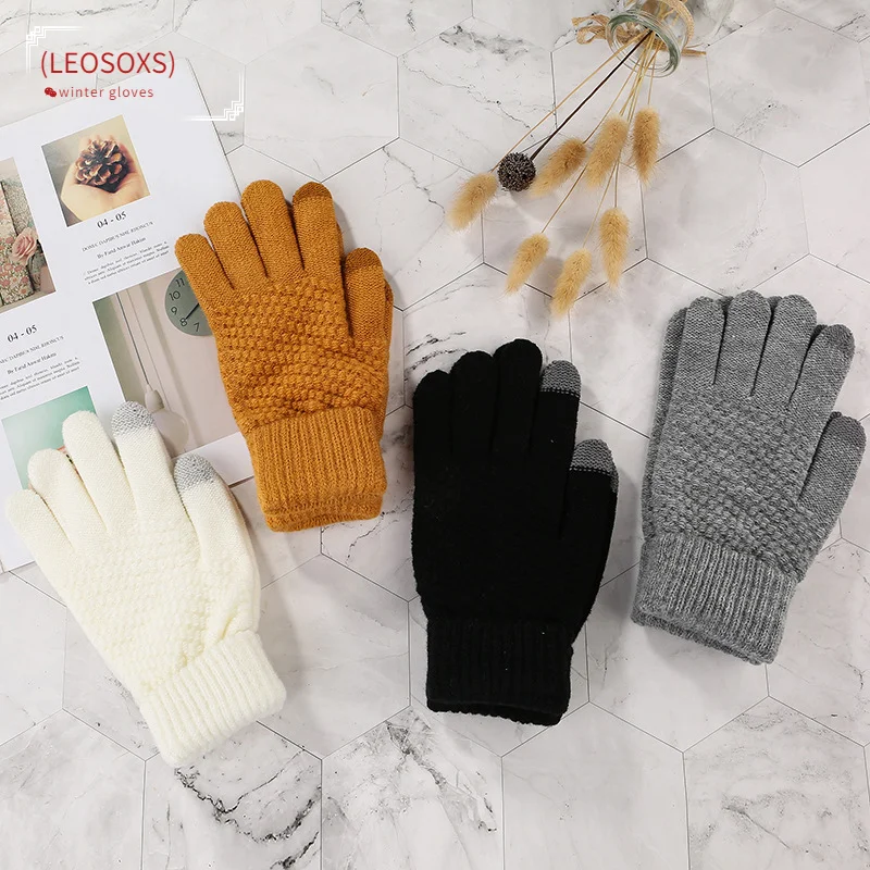

Winter Warm Gloves Women Men Imitation Wool Stretch Knit Solid Color Mittens Touch Screen Full Finger Guantes Female Gloves