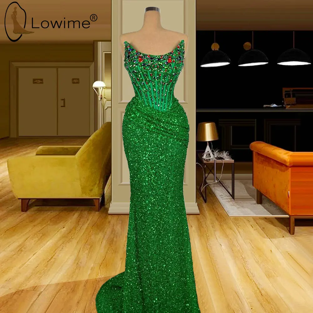 

Официальное Платье, зеленое блестящее вечернее платье с юбкой-годе со шлейфом, без бретелек