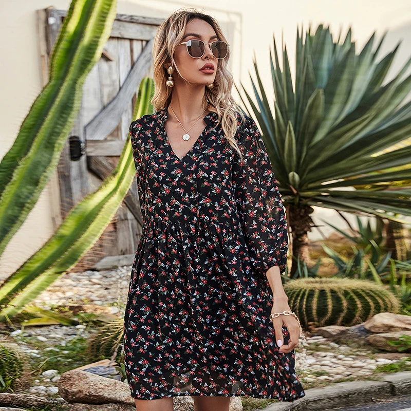 

Women Floral Print Holiday Chiffon Dresses Bow Tie V Neck Beach Mini Dress Boho Puff Sleeve Loose Casual Dress Spring/Autumn