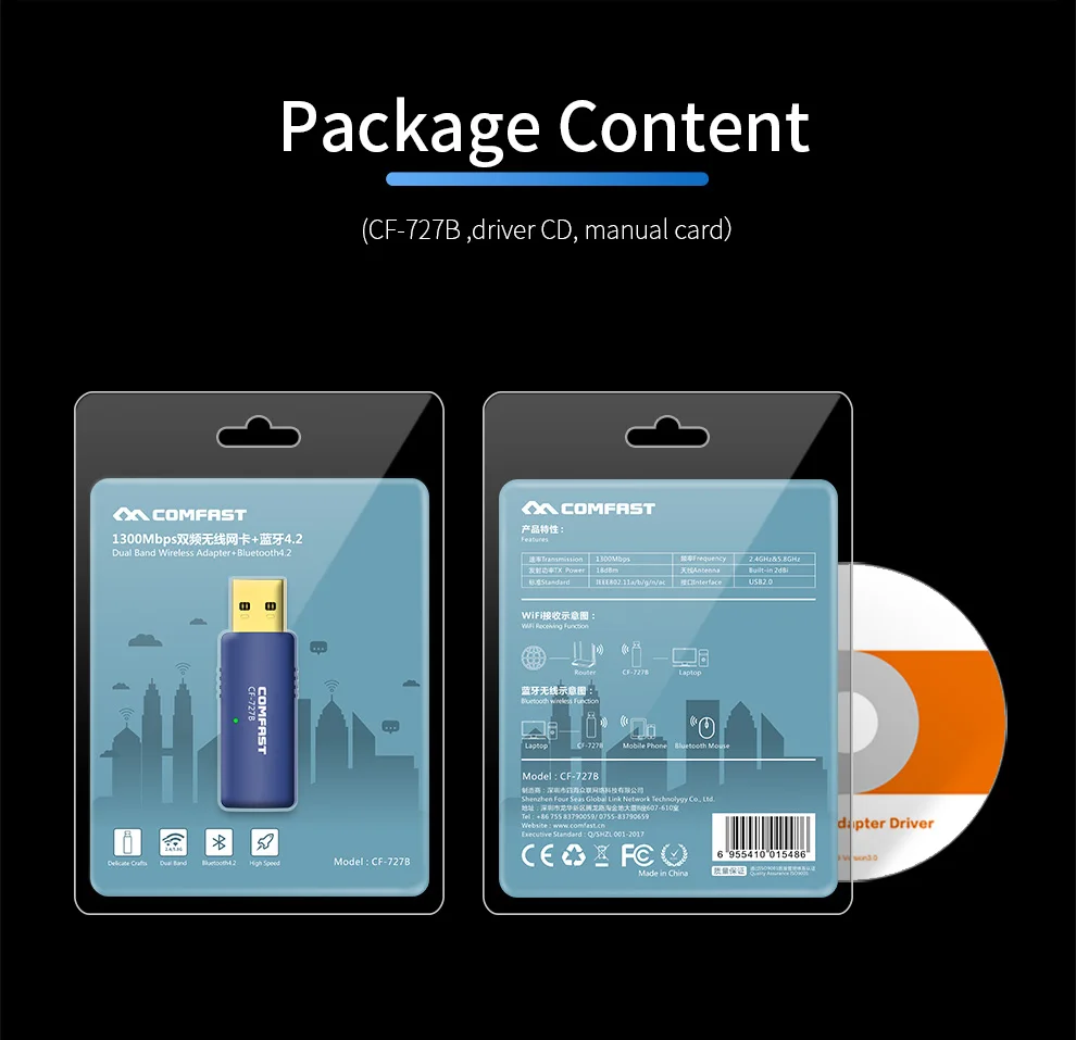 Comfast CF 727B сетевая карта usb Антенна dual band2.4 & 5 8 WiFi адаптер 802.11ac 1300 Мбит/с Bluetooth4.2