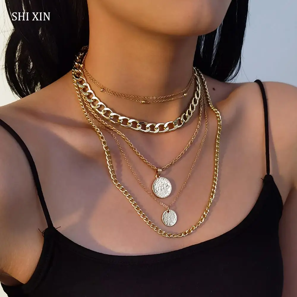 

SHIXIN Multi Layer Thick Chain With Coin Pendant Necklace for Women Gold/Silver Color Fashion Necklaces on the Neck Jewelry 2020