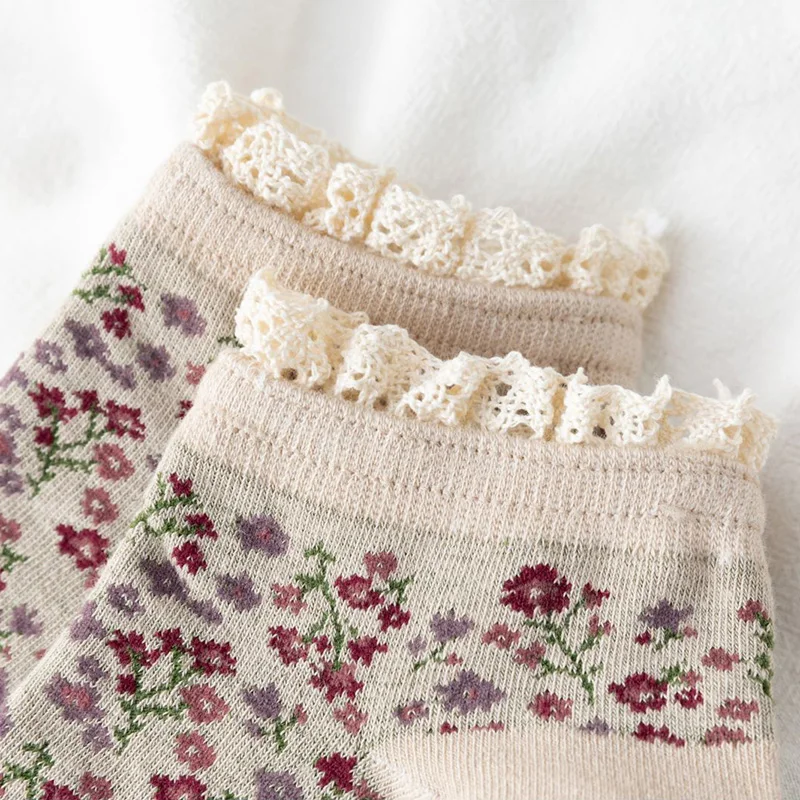Girls Womens Korean Style Lace Vintage Nordic Flower Ethnic Floral Cotton Harajuku Novelty No Show Low Cut Socks Kawaii Spring