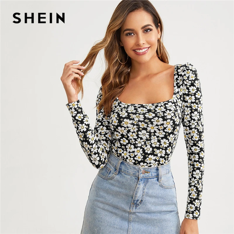 SHEIN, квадратная горловина, Маргаритка, цветочный принт, облегающая футболка, женские топы, осенняя элегантная Офисная Женская футболка с длинными рукавами