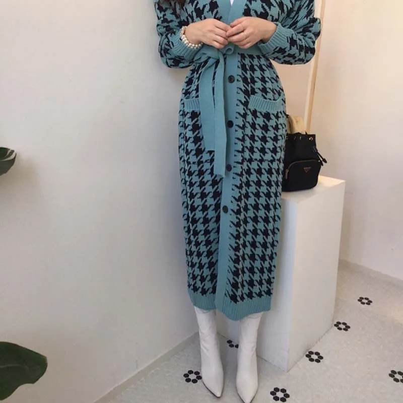 

2020 Houndstooth Knitted Long Cardigans Sweaters Women Long Sleeve Singe-Breasted V-Neck Sashes Vintage Fashion Coat One-Piece