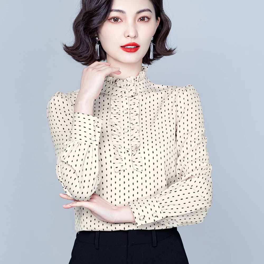 

New Fashion Women Chiffon Blouses Elegant Long Sleeve Ruffles Stand Collar Shirt Office Blouse Slim Casual Female Polka Dot Tops