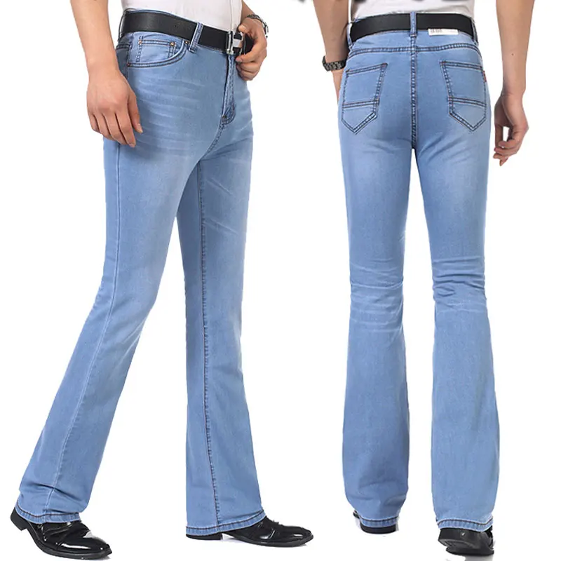 Business Casual Men's Jeans Trousers Mid Waist Elastic Slim Boot Cut Semi-Flared Bell Bottom Denim Pants 26-38
