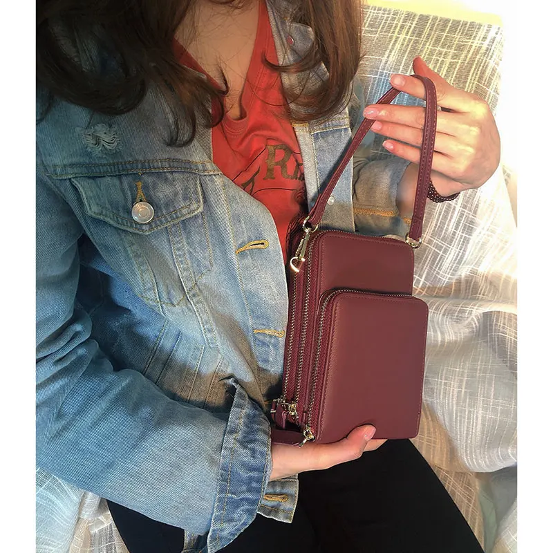 

Crossbody Cell Phone Shoulder Bag PU Leather Handbags 3 Zipper Pockets with Detachable Strap A66