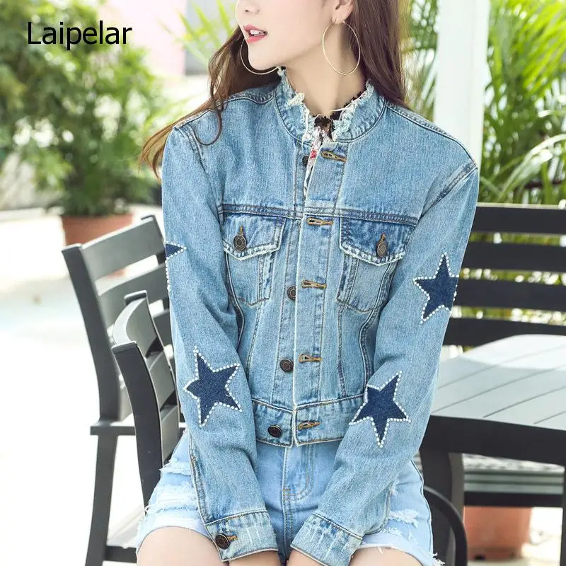 2020 синие короткие джинсовые куртки со звездами и бусинами Свободные корейские