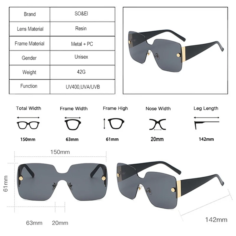

SO&EI Fashion Oversized One Piece Square Women Sunglasses Vintage Rimless Ocean Lens Eyewear Trending Ladies Sun Glasses Shades