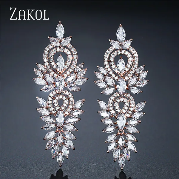 Rose Gold Color ZAKOL, винтажные Свадебные украшения в виде листьев, аксессуары, кубический цирконий, большие длинные роскошные свадебные Висячие серьги для женщин, FSEP2181 - Окраска металла: Rose Gold Color