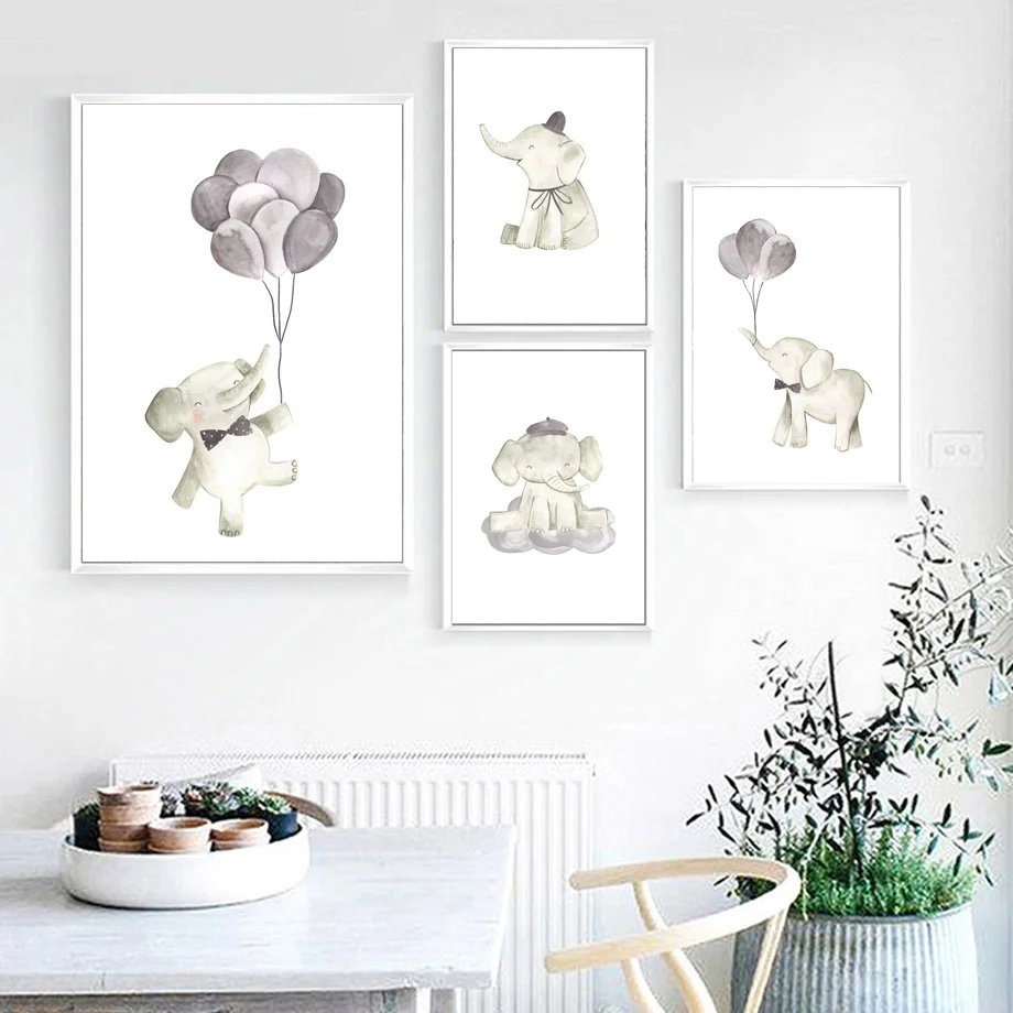 

Elephant Cartoon Wall Art Canvas Prints Posters Painting Balloon Nordic Poster Nursery Wall Pictures For Living Room Unframed