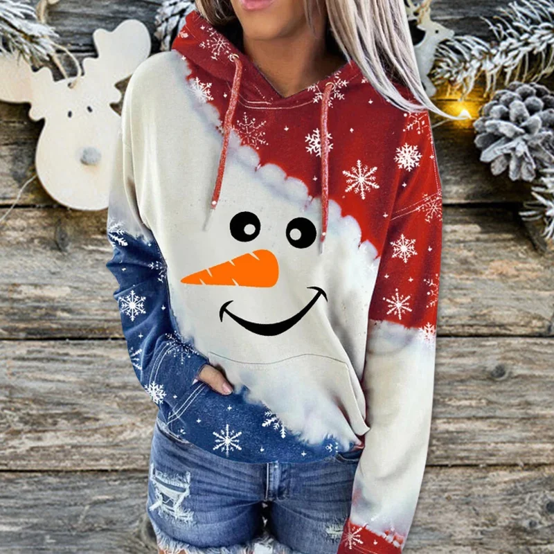 Новая Женская толстовка с капюшоном принтом снеговика контрастного цвета