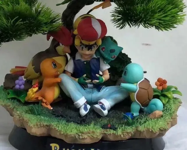 Anime Pokemon Ash Ketchum with Pikachu Charmander Bulbasaur Squirtle under Tree Figure Model Toys |