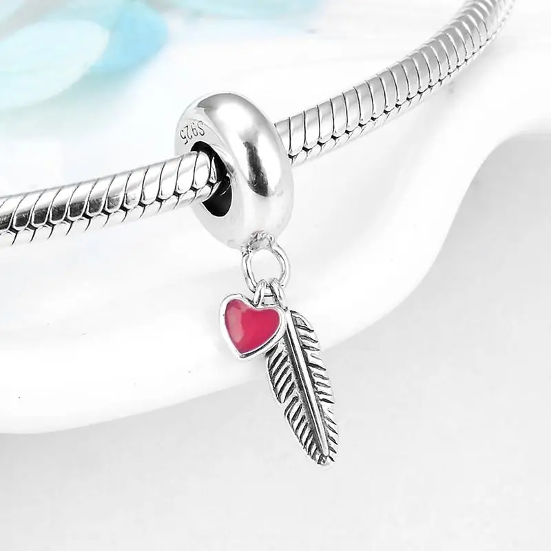 Бусина Шарм сердца из серебра 925 пробы с перьями и синей эмалью|Ювелирные шармы| |