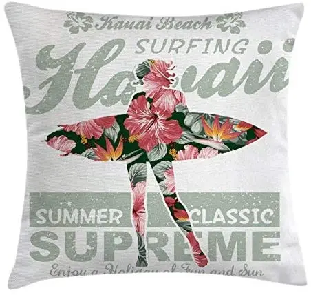 

Pooizsdzzz Hawaiian Throw Pillow Cushion Cover, Tropical Hawaii Hibiscus Surfing Girl Silhouette Surfboard Retro Themed